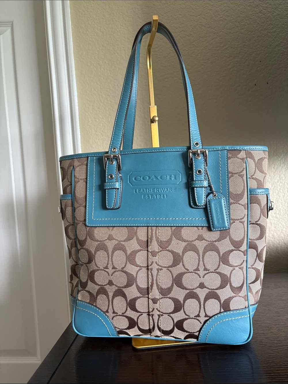 Coach Signature Canvas Tote with Turquoise Trim